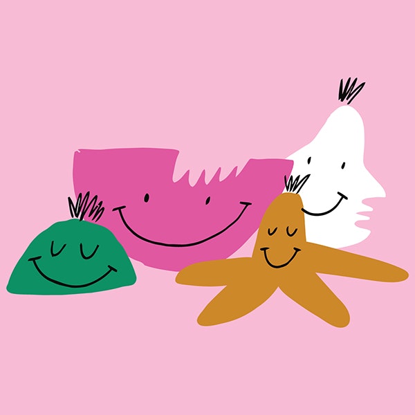 An illustration of four pieces of fruit that are smiling on a pink background