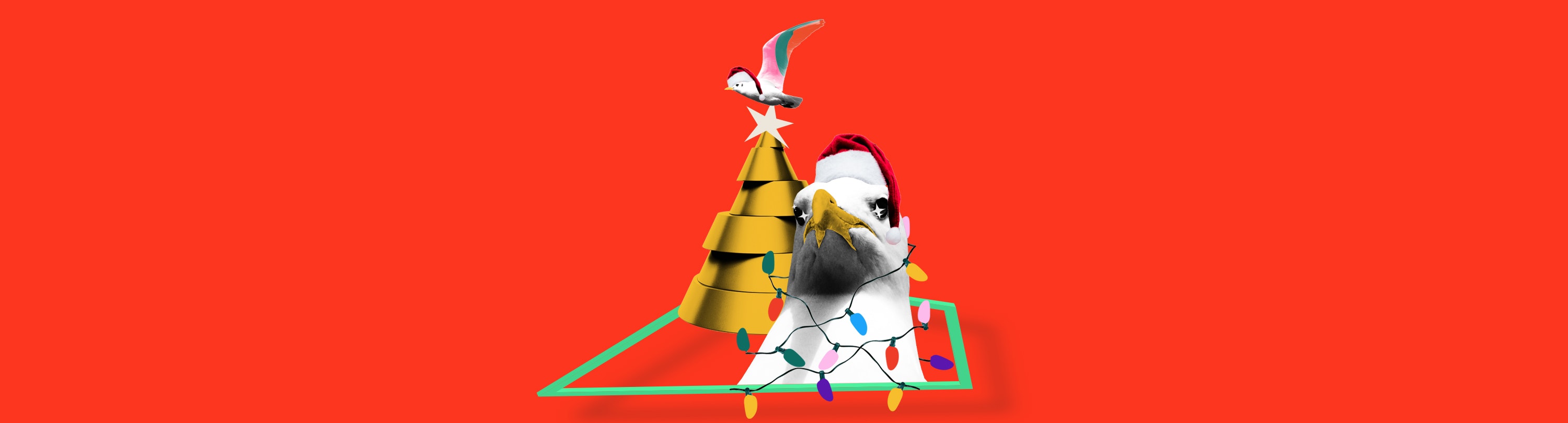 An illustration of a gold pyramid type tree with a seagull at the top and then in the foreground the bust of a larger seagull wearing a Santa hap wrapped in lights