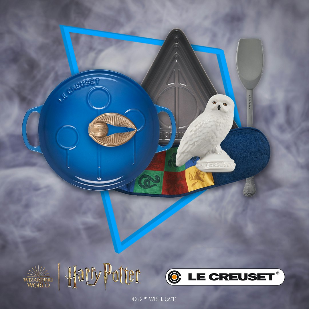 A collage of the Sorting Hat, Hedwig, a Le Creuset pot with the Golden Snitch on a smokey background