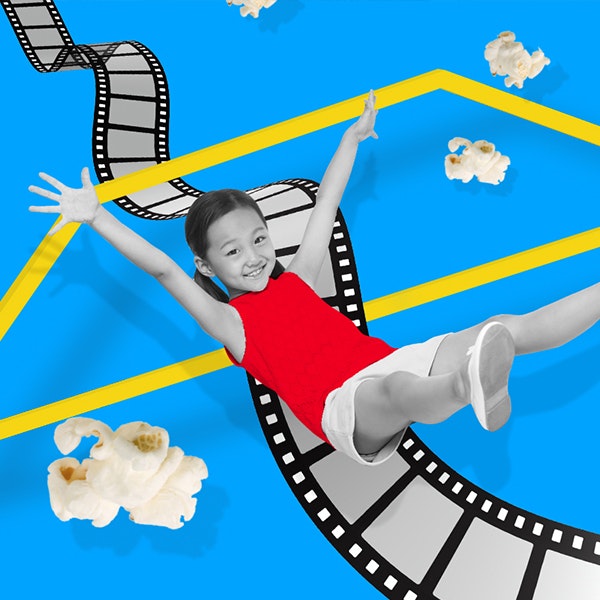 A graphic of a child sliding down some film with pieces of pop corn around them on a blue background
