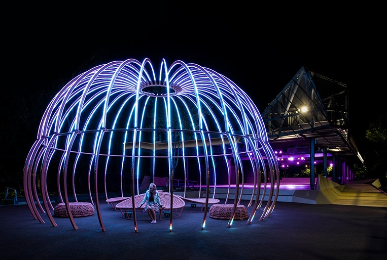 The JEM art installation looks like a lit-up jelly fish at night
