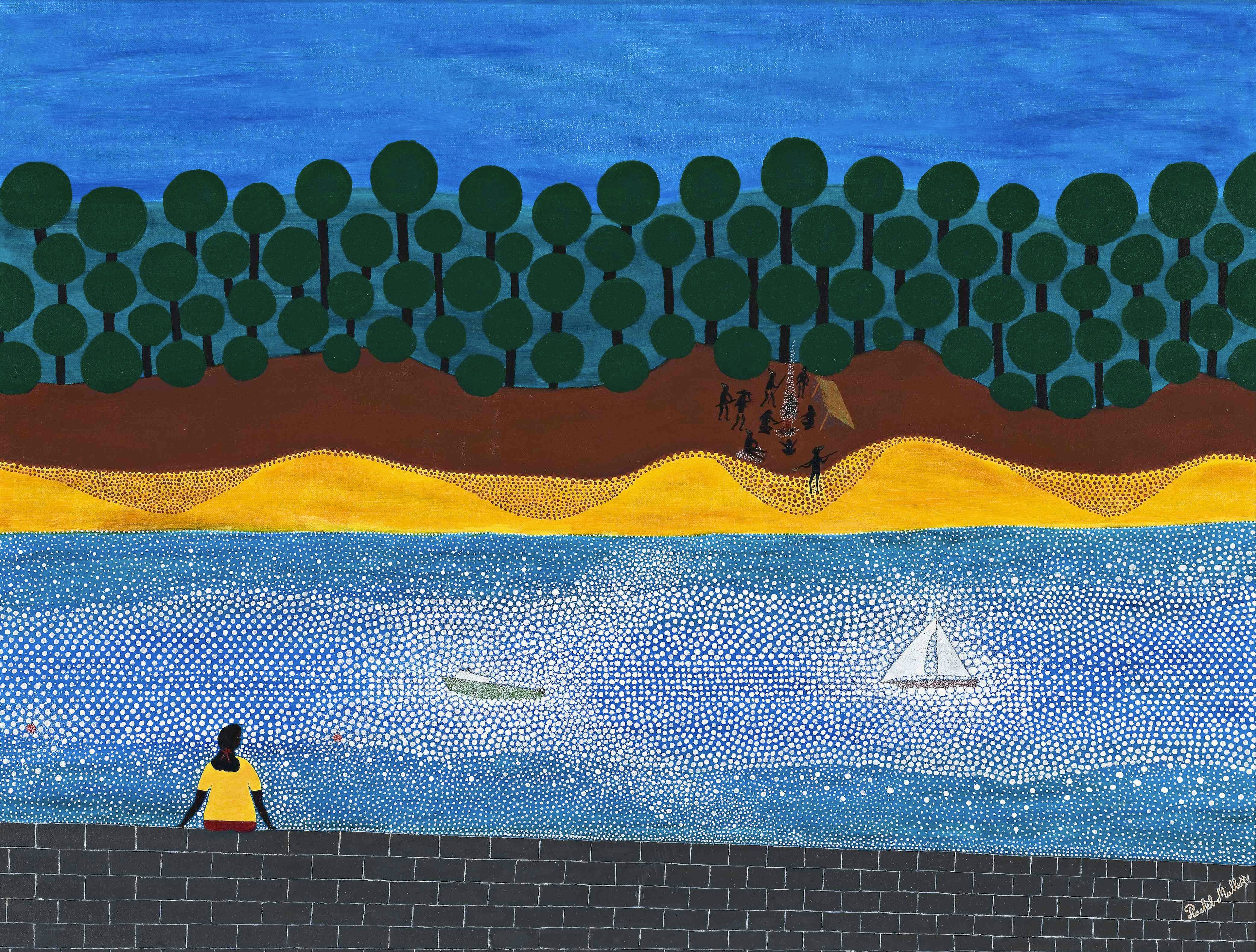 Painting of a person looking out over water with a sandy bank and trees opposite them