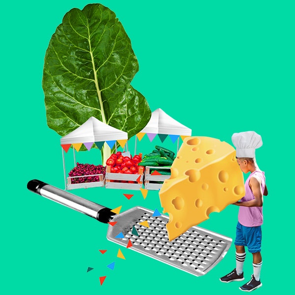 A collage of a child grating a big piece of cheese with a larger lettuce leaf and crates of vegetable behind them