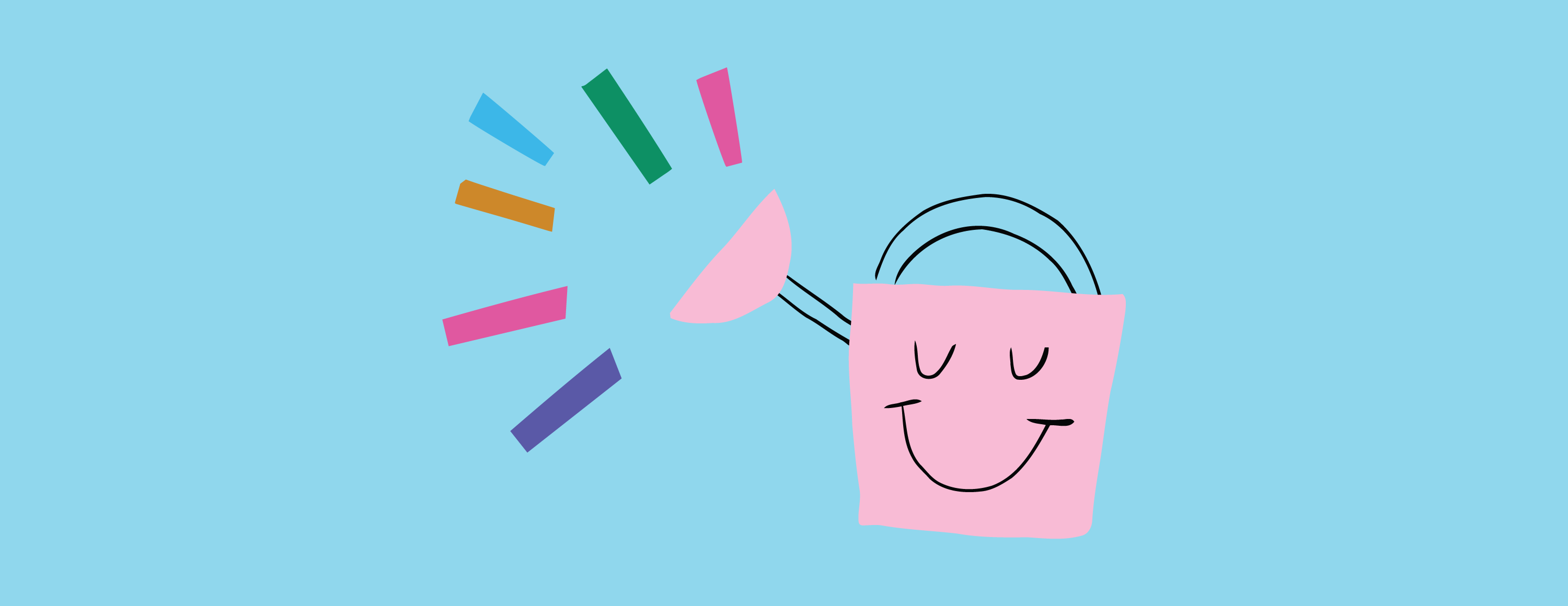 An illustration of a smiling pink watering can with different coloured lines respresenting water coming out of the spout on a light blue background