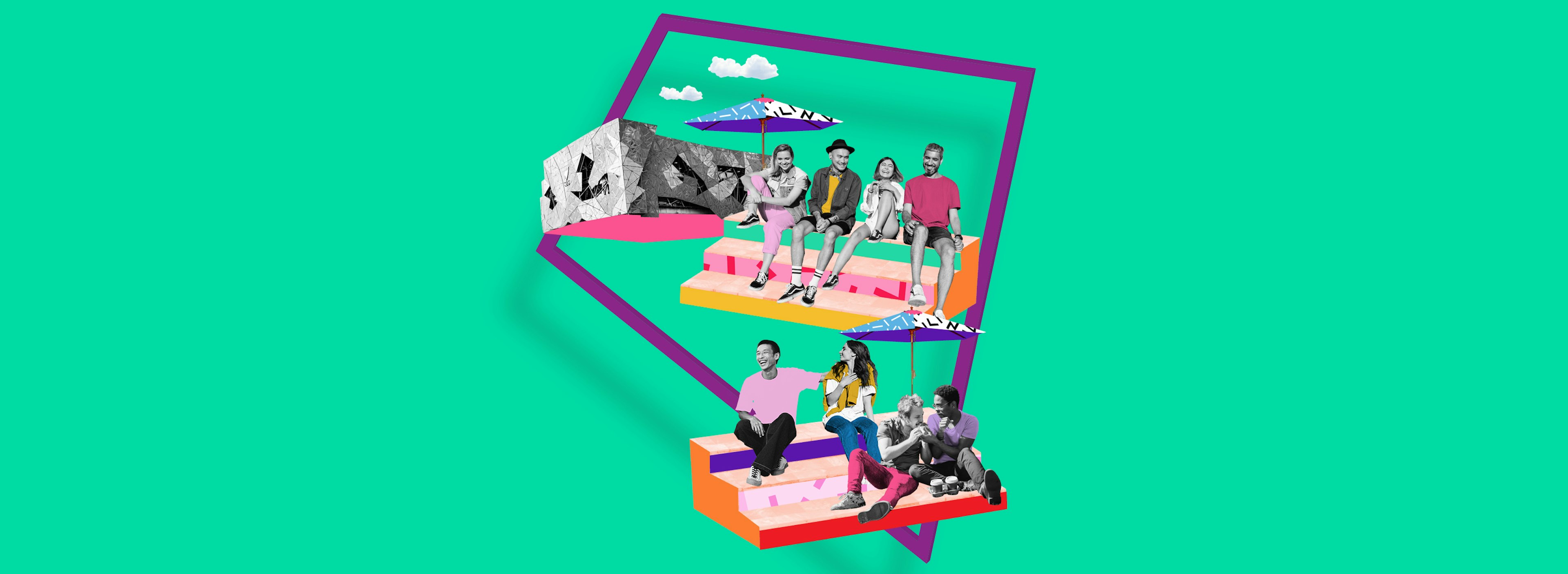 A graphic of people in black and white on colourful stairs with Fed Square behind them on a green background