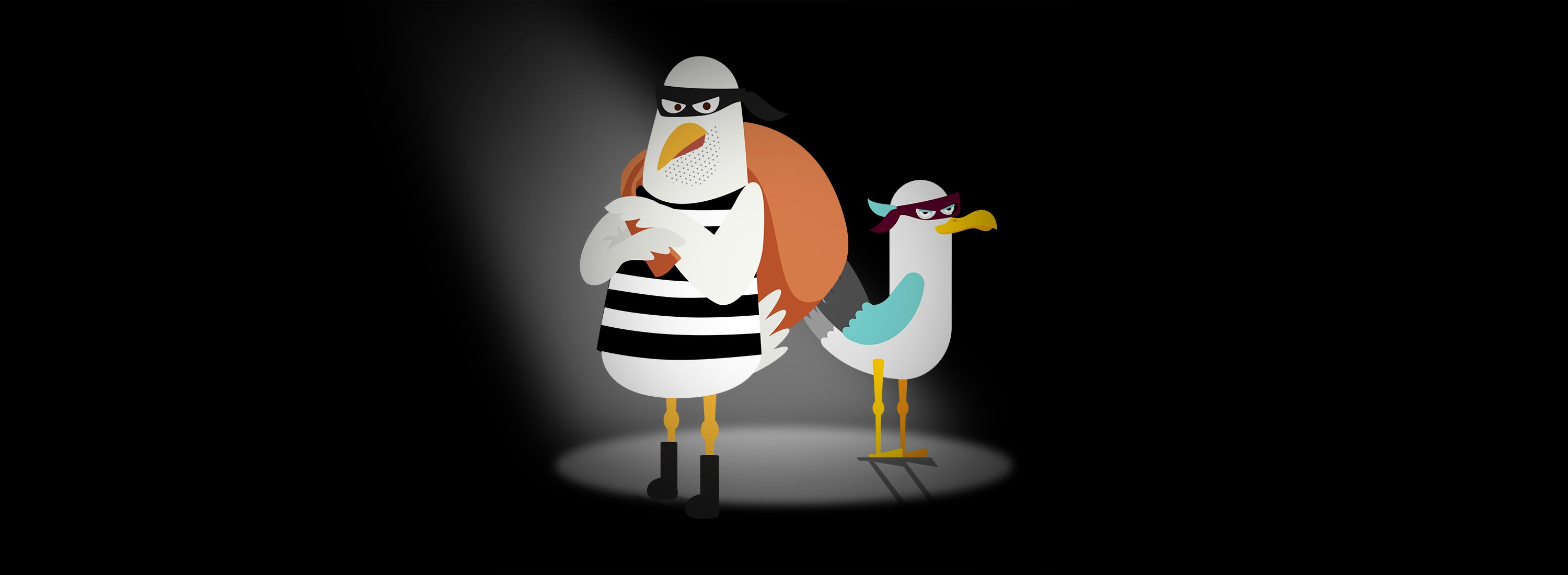 An illustration of two seagulls one tall with it's wings crossed and one smaller standing normally both are wearing a Zorro style mask underneath a spotlight on a black background