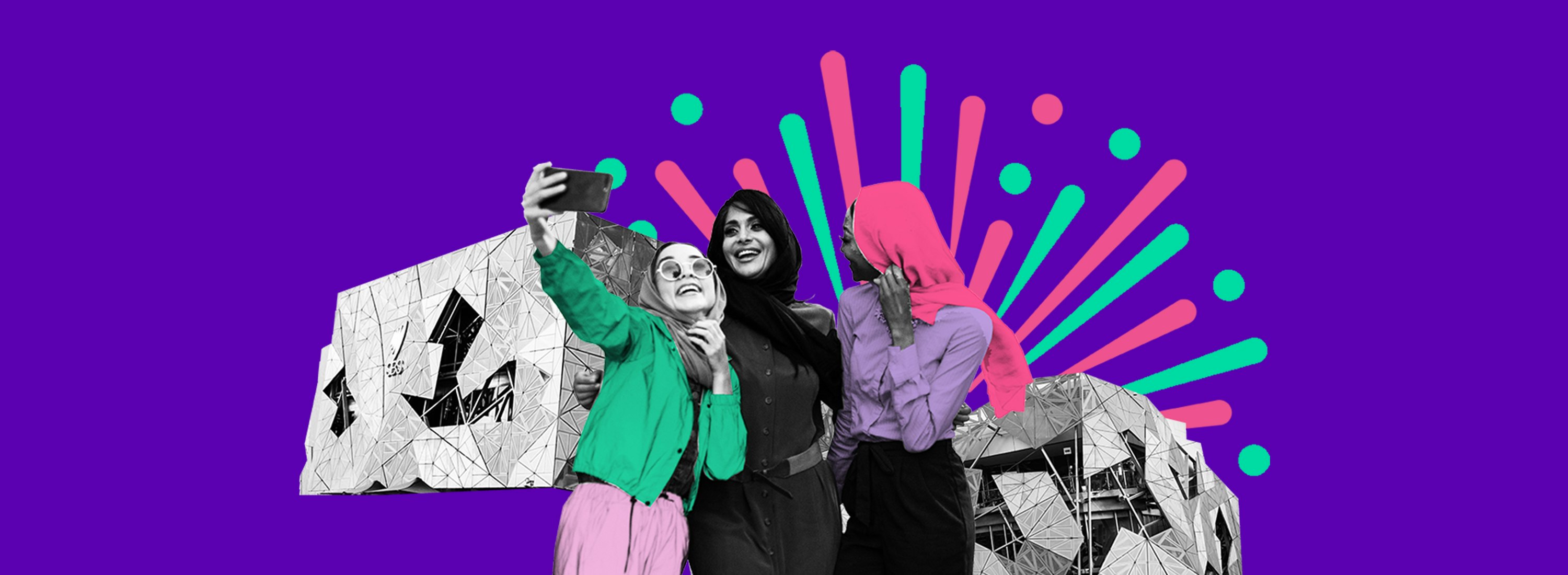 An illustration of three women talking a selfie with fed square and a colourful burst behind them on a purple background