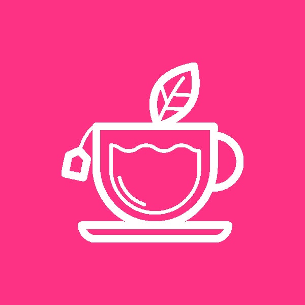 A white tea cup icon with a herbal leaf sticking out of the top on a pink background