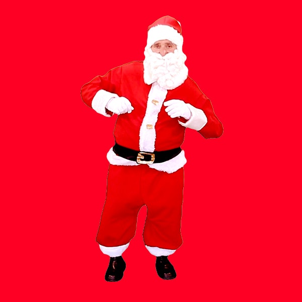 Santa Claus in a dancing pose on a red background