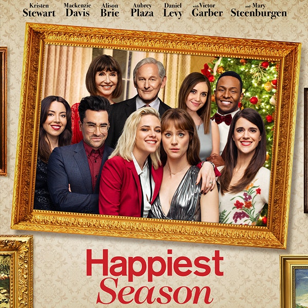 A movie poster of the Happiest Season with the whole cast