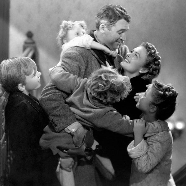 A black and white photo of the family from It's A Wonderful Life