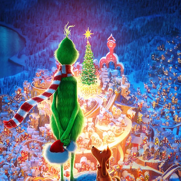 A still from the animated version of The Grinch wear he standing looking over the town with his dog sitting next to him