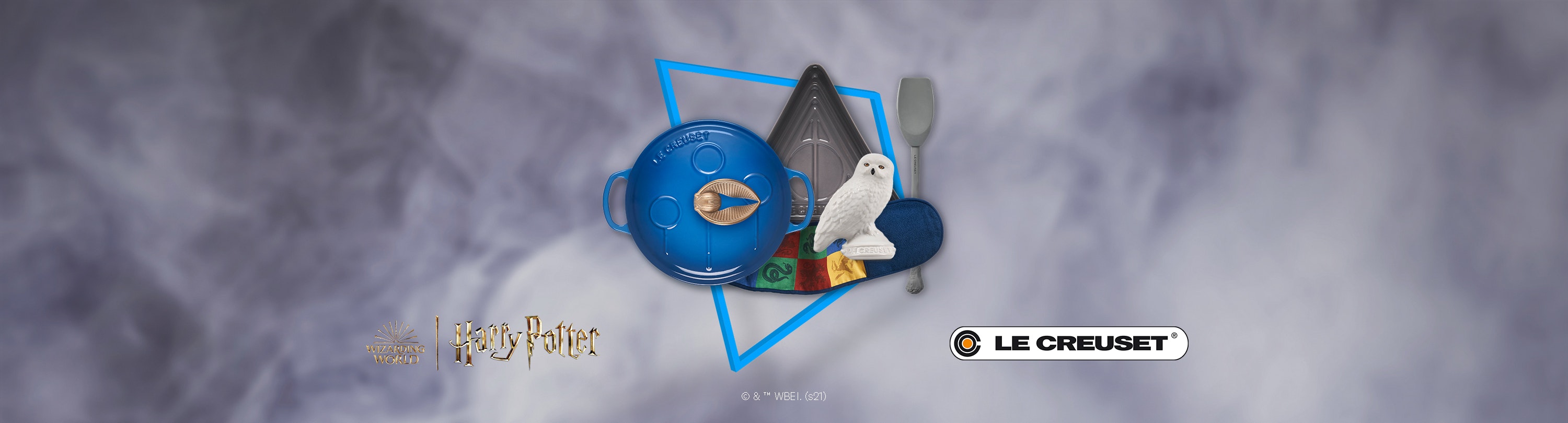 A collage of the Sorting Hat, Hedwig, a Le Creuset pot with the Golden Snitch on a smokey background