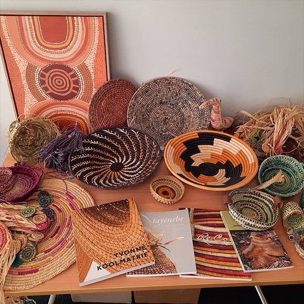 A table of Indigenous weaved baskets