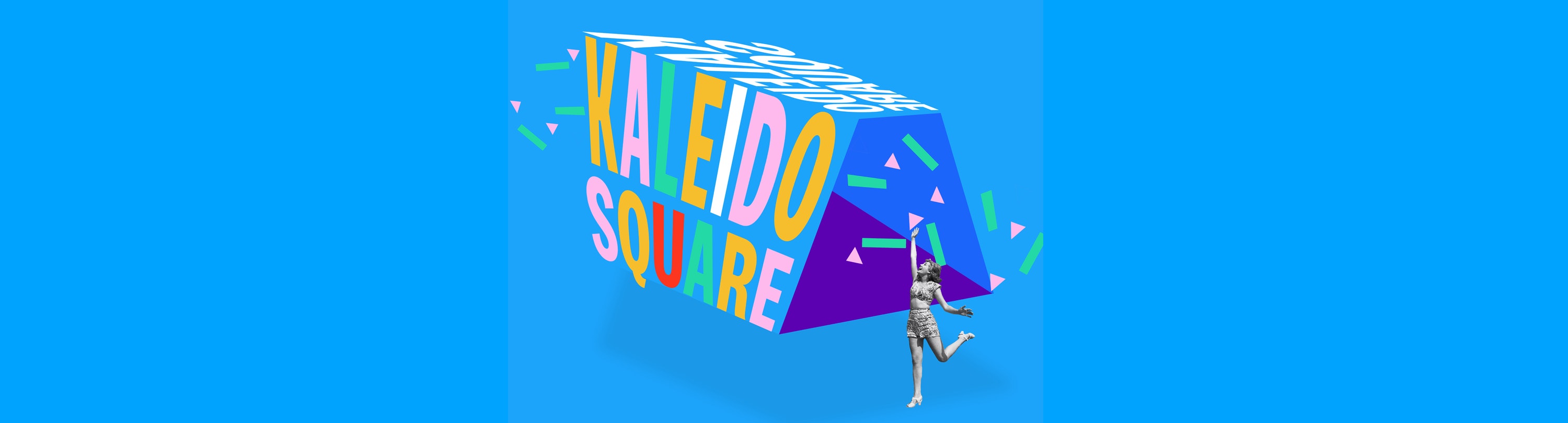 A celebratory illustration of a woman throwing confetti-like shapes in the air next to the word Kaleidosquare