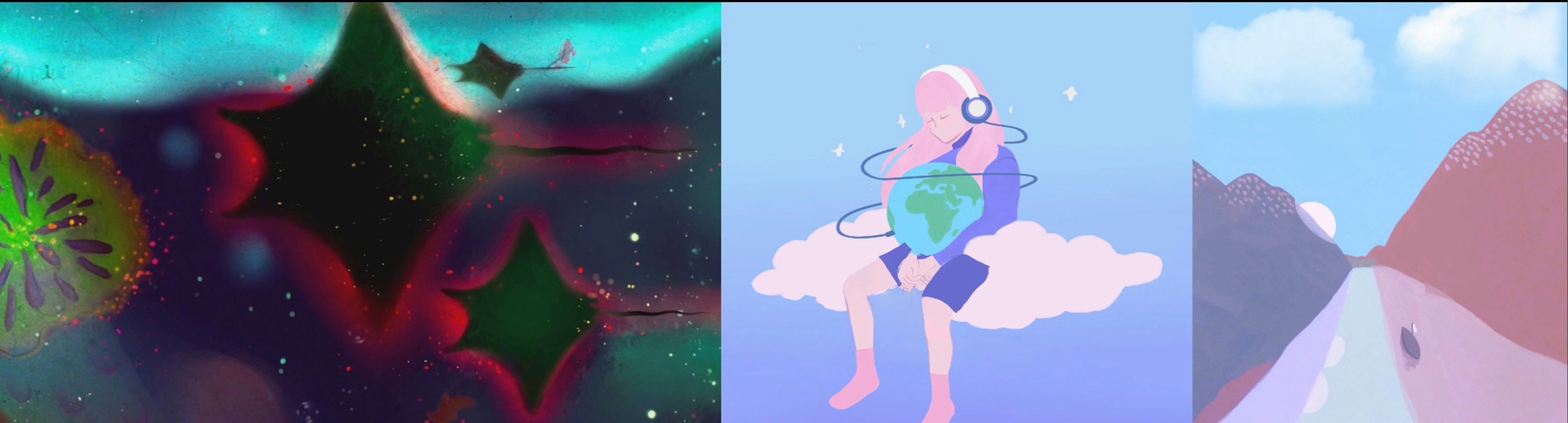 An illustration of stingrays in space, a girl with headphones on holing the world in her lap while sitting on a cloud and a road running between two mountains with the moon in the distance