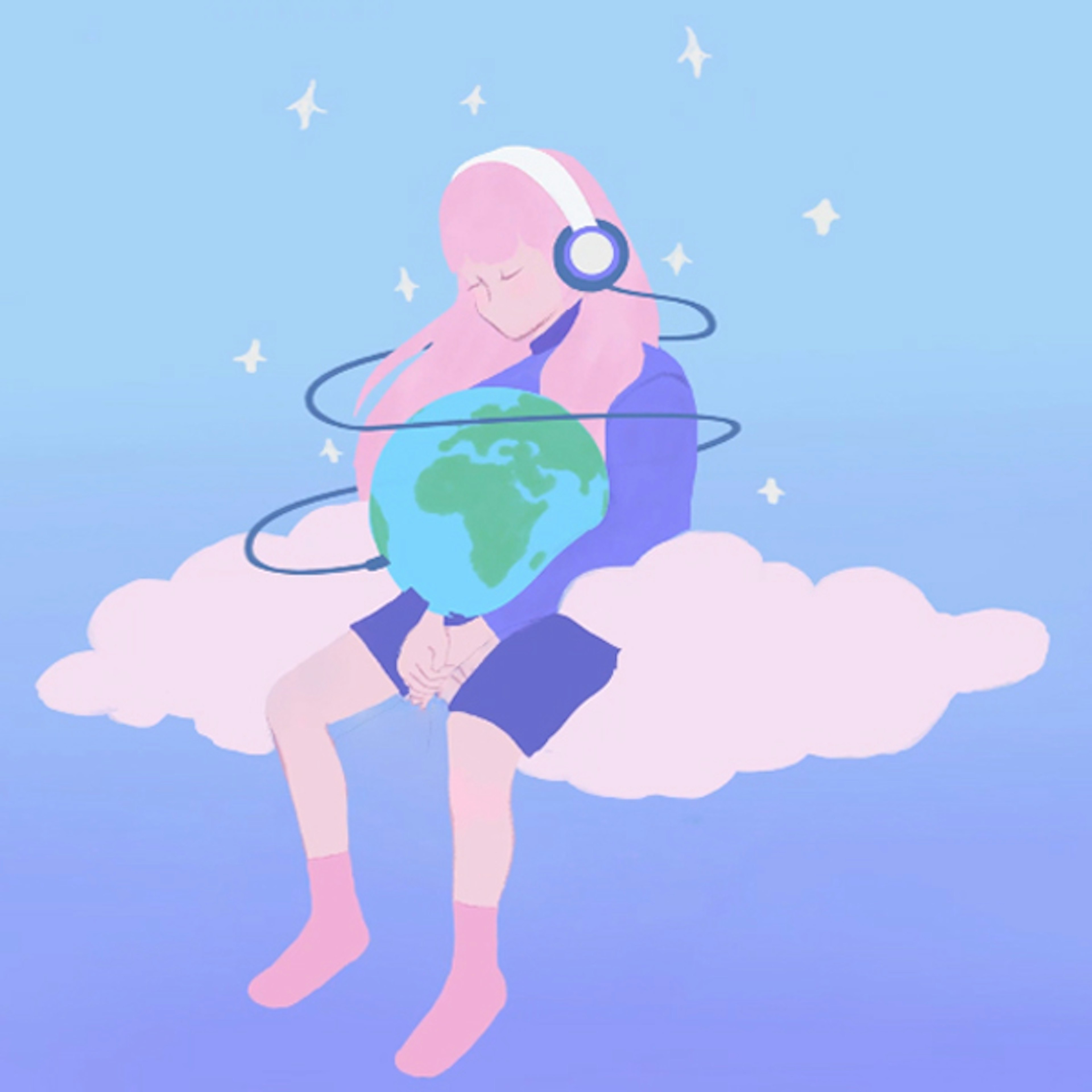 An illustration of a girl with headphones on holing the world in her lap while sitting on a cloud