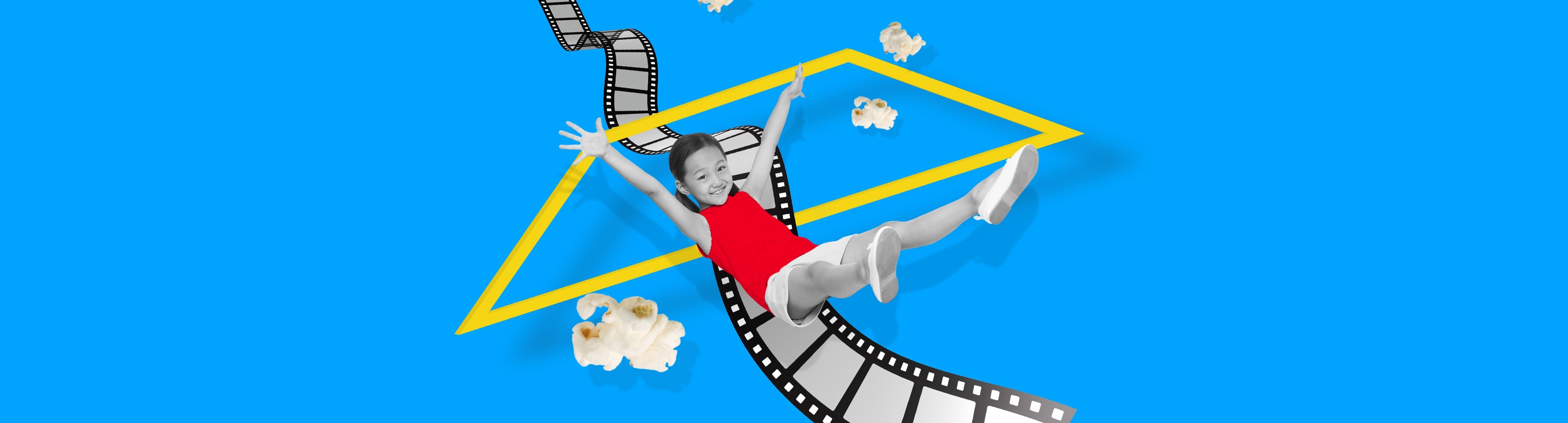 A graphic of a child sliding down some film with pieces of pop corn around them on a blue background