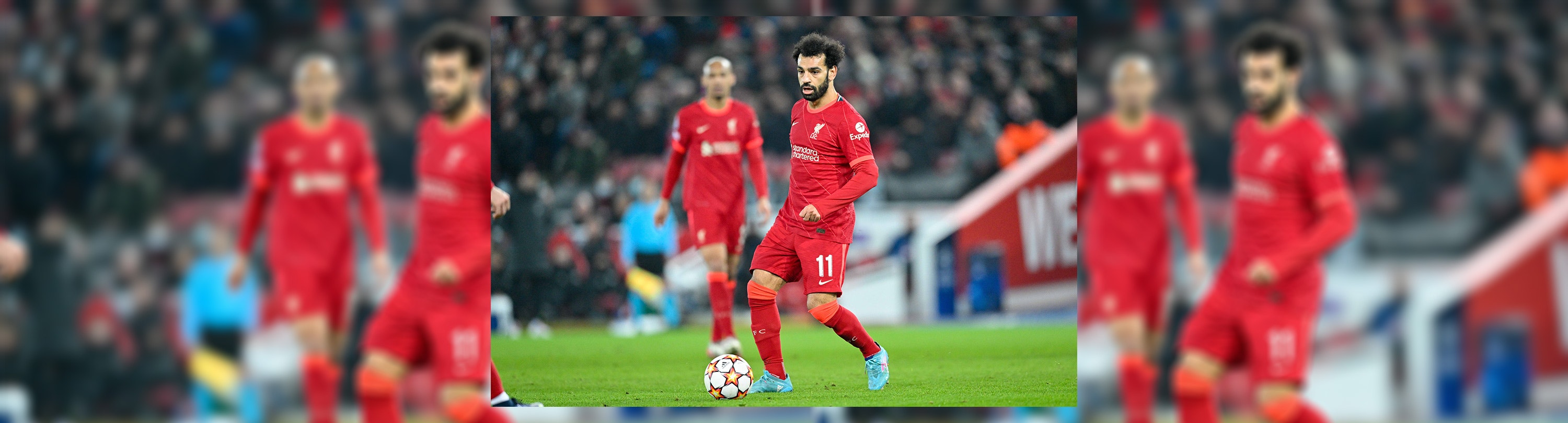 Mo Salah playing for Liverpool in their red livery