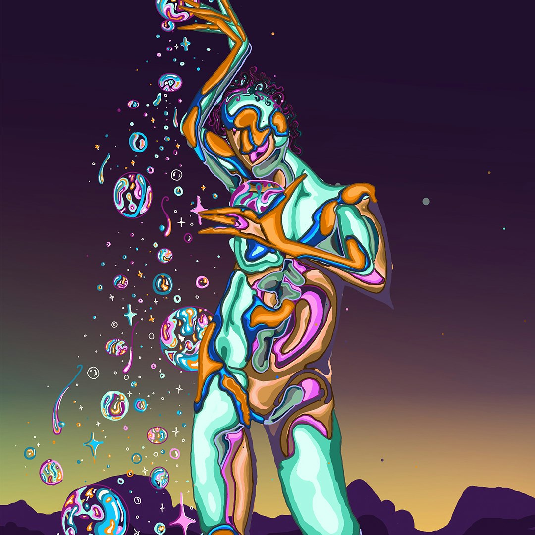 A multicoloured digital artwork of a humanoid figure made of of amoeba-like shapes dropping what looks like bubbles from their right hand which is raised above their head