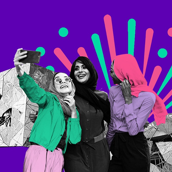 An illustration of three women talking a selfie with fed square and a colourful burst behind them on a purple background