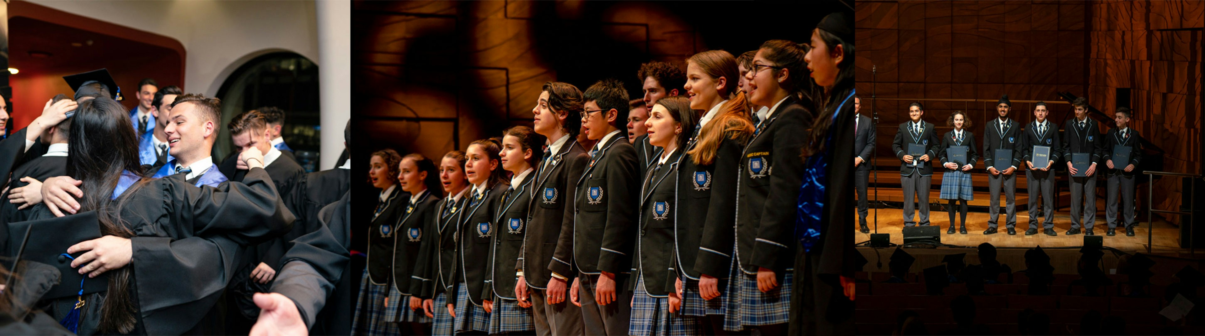 A group of private school kids in their uniforms on stage singing