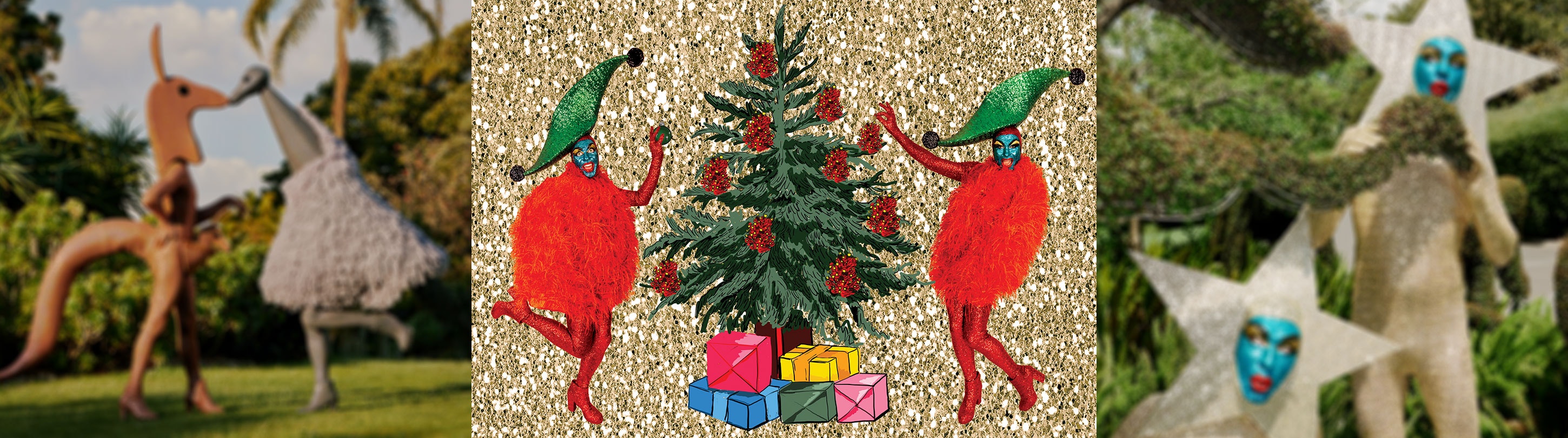 An image of two people dressed in fluffy read blobs with shiny red pants and shoes and a weird shiny green hat, there is a shaded drawing of a Christmas tree in between them and the overall background of the image is gold sparkles