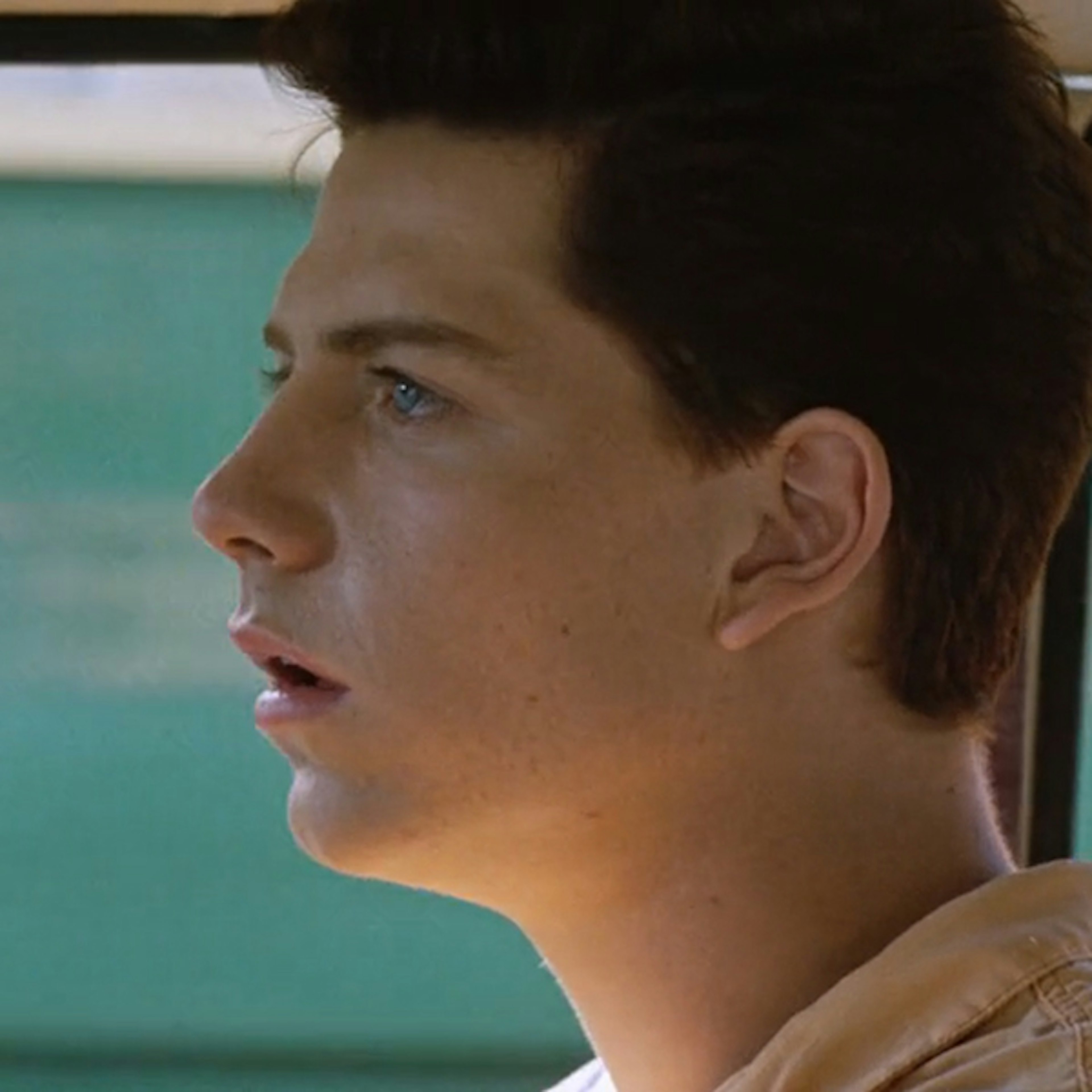 Ben Mendelsohn sitting in a car from the film The Big Steal. The image is a profile close up view of his head.