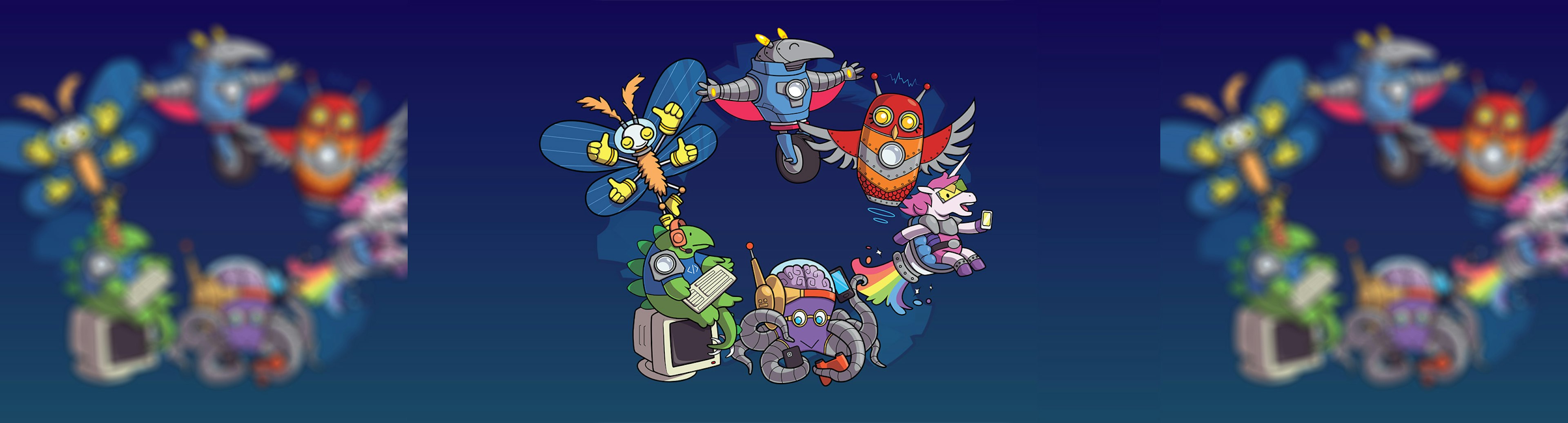 A cartoon style graphic of a moth, armadillo, owl, unicorn, octopus, and dinosaur in a circle. Each character has been drawn to be slightly sci-fi-esque