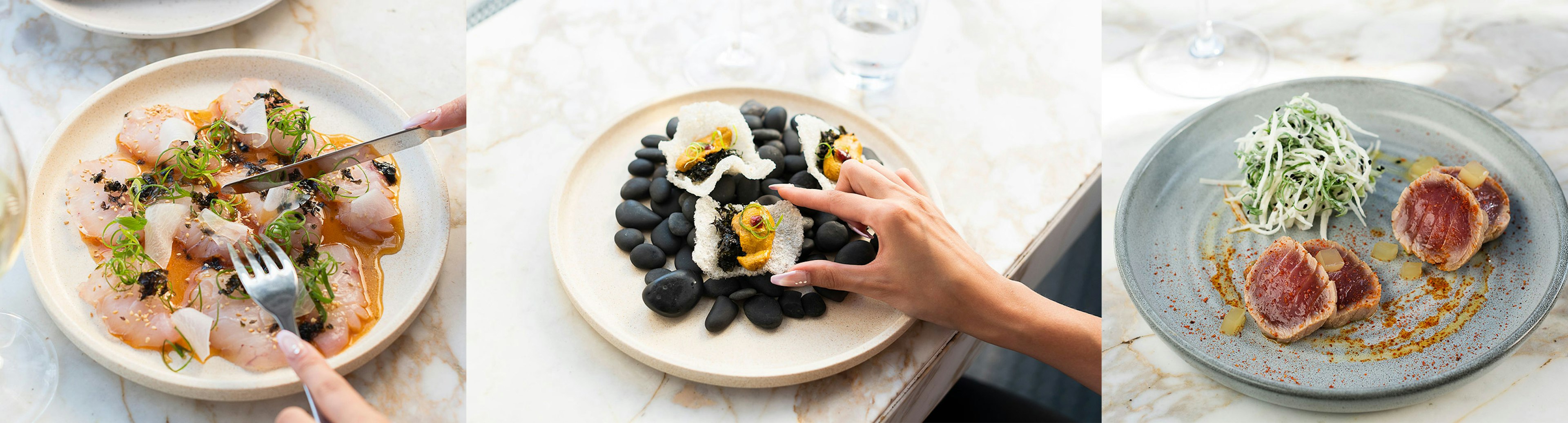 A collage of three food images. One on the left is kingfish ceviche, the middle is sea urchin row on a rice cracker sitting on black stones, and the right is lightly seared slices of tuna with a salad