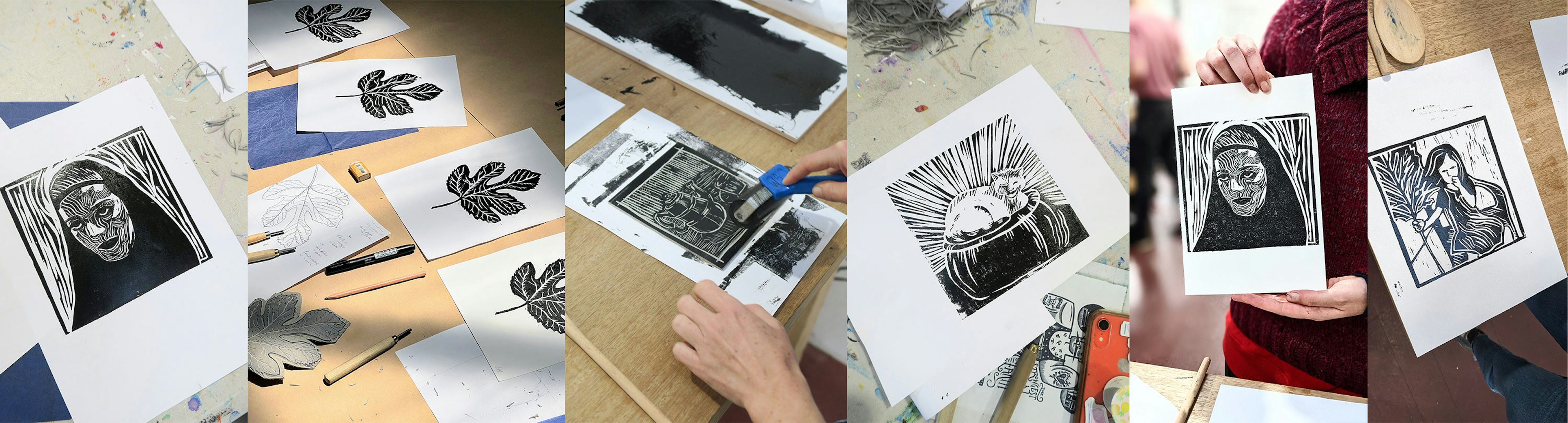 A collage of different linocut artworks