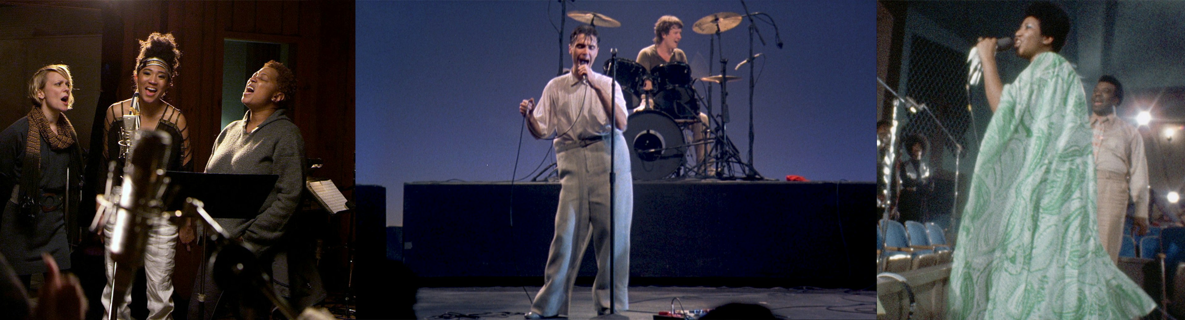 A collage of stills from music documentaries, the centre image is of David Byrne from Talking Heads singing on stage wearing wide grey pants, Aretha Franklin is on the right wearing a green flowing dress while singing on stage, and the left image is three back up singers in a studio