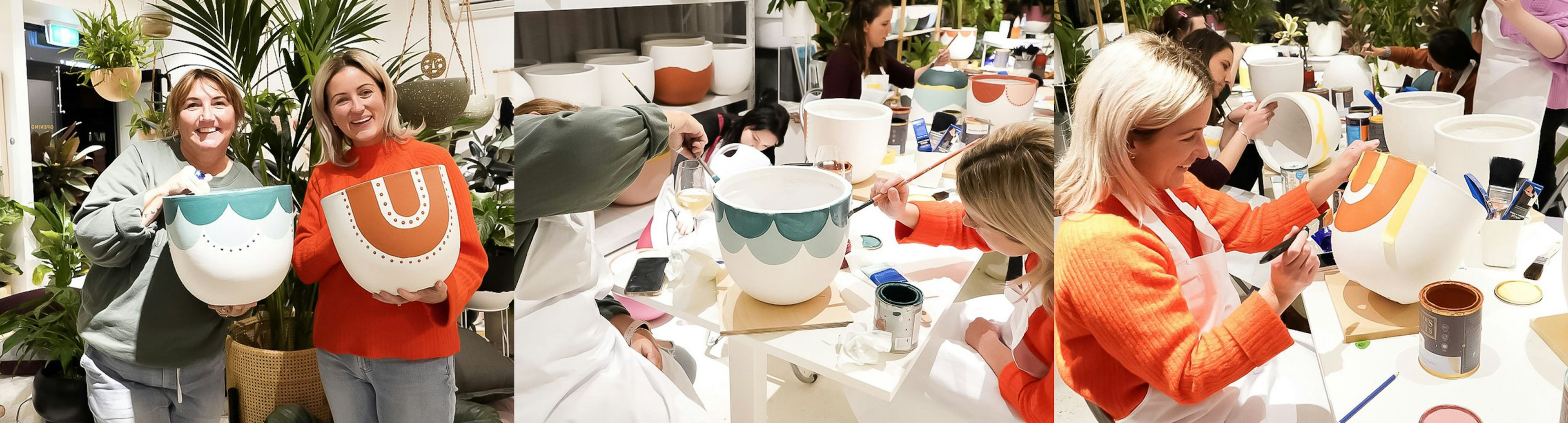 A collage of images of woman painting pots for plants at a workshop