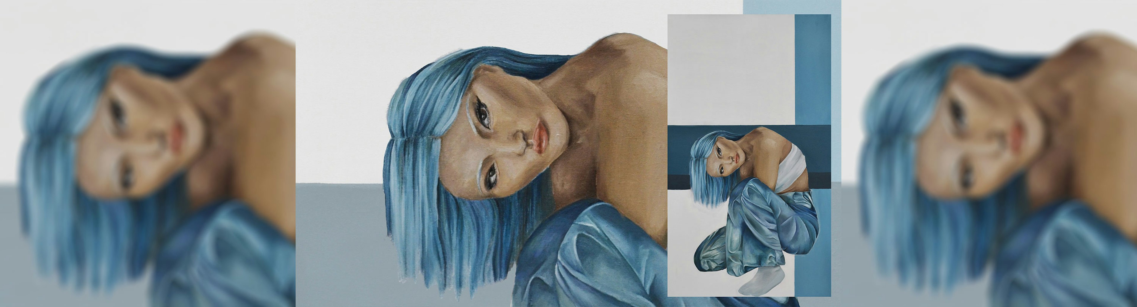 A painting of a woman with blue hair and white eyebros hunched over while squatting, she is wearing white sox, blue pants the same colour as her hair, and a white tube top.