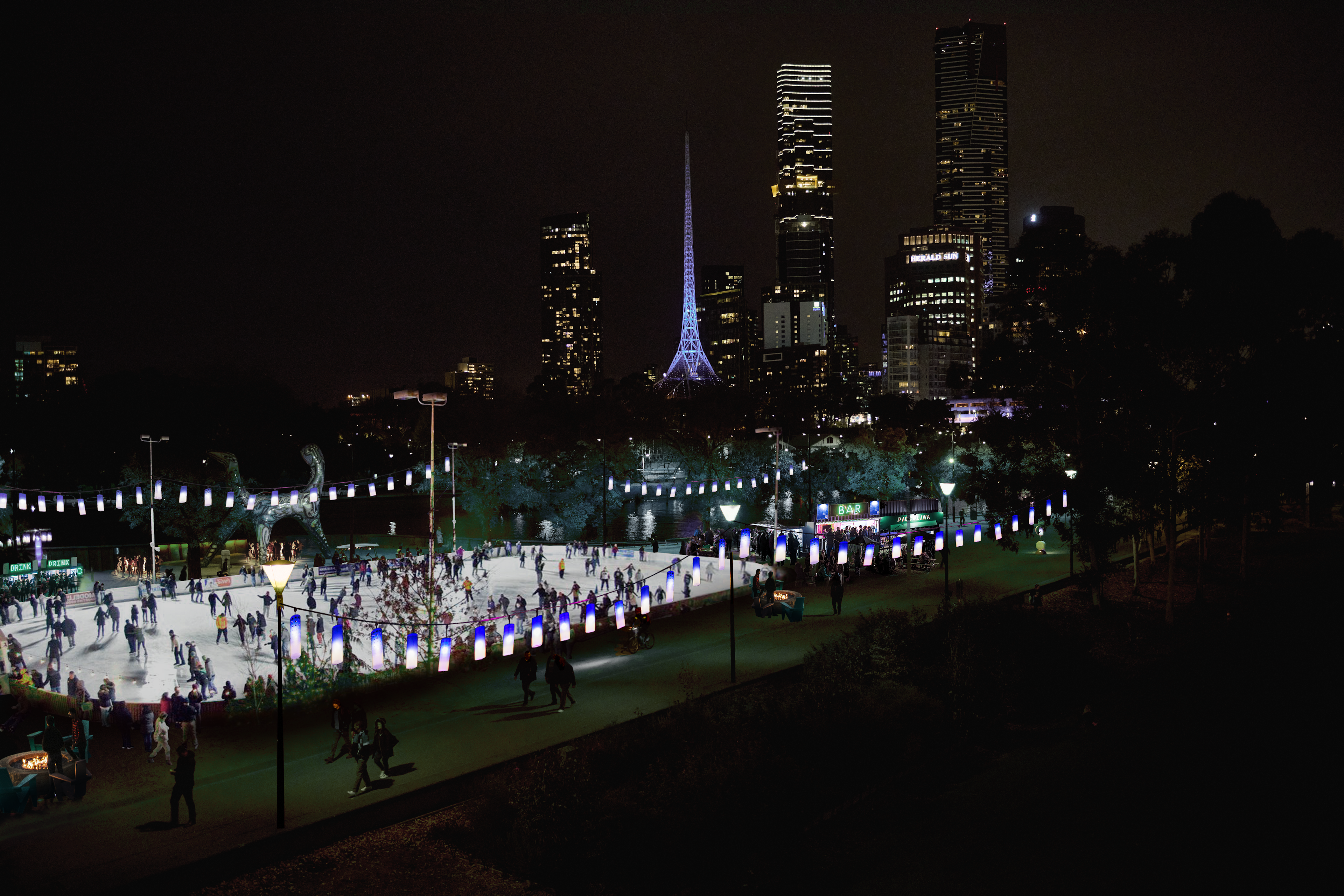 A large akating rink at night, with many people skating on it, surrounded by blue lanterns. The blue, lit-up Arts Centre spire and the Melbourne city skyline is visible in the background.