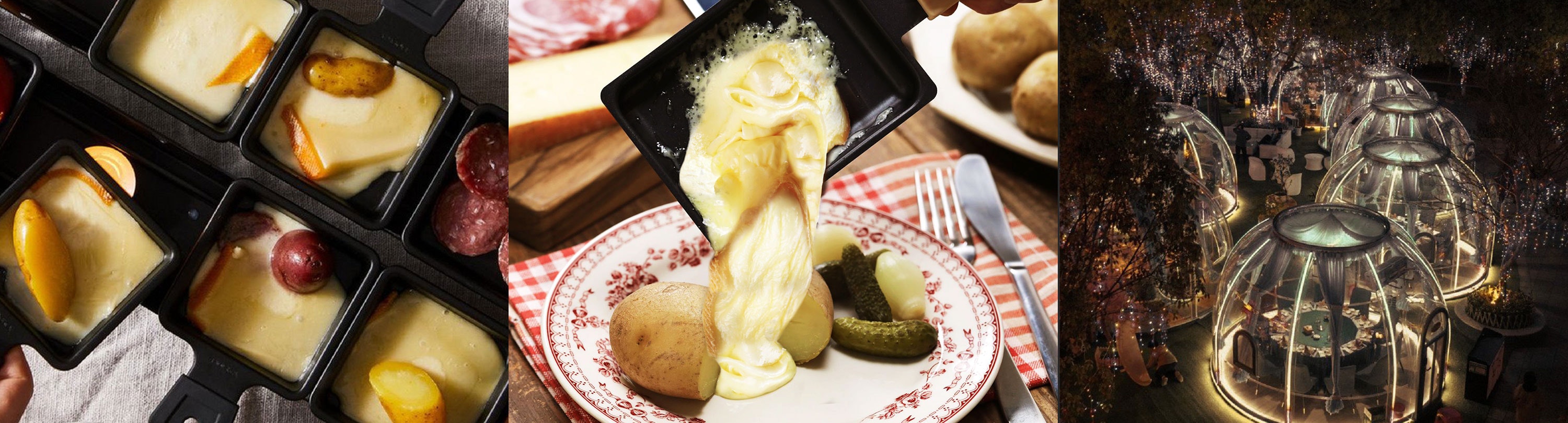 Raclette melted cheese being poured on potatoes and pickles