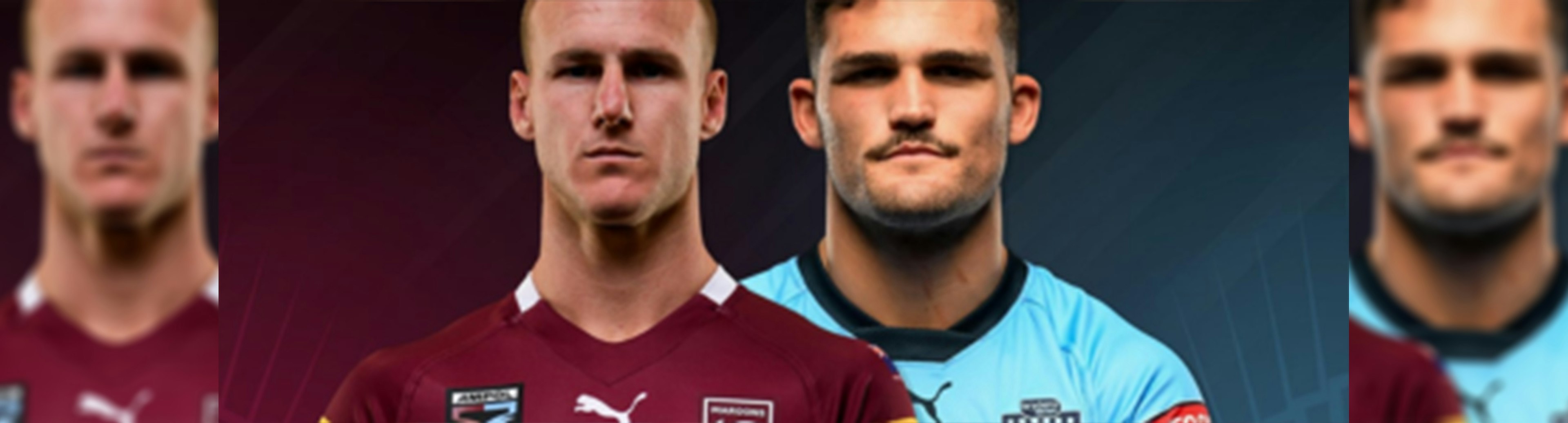 Two NRL players are standing one behind the other. One is wearing a Maroons jersey and the other is wearing a NSW jersey