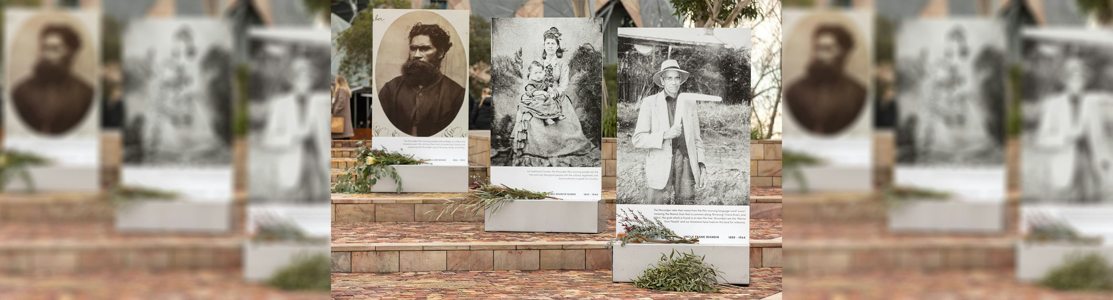 Black and white photos of Wurundjeri elders on the stairs at Fed Square