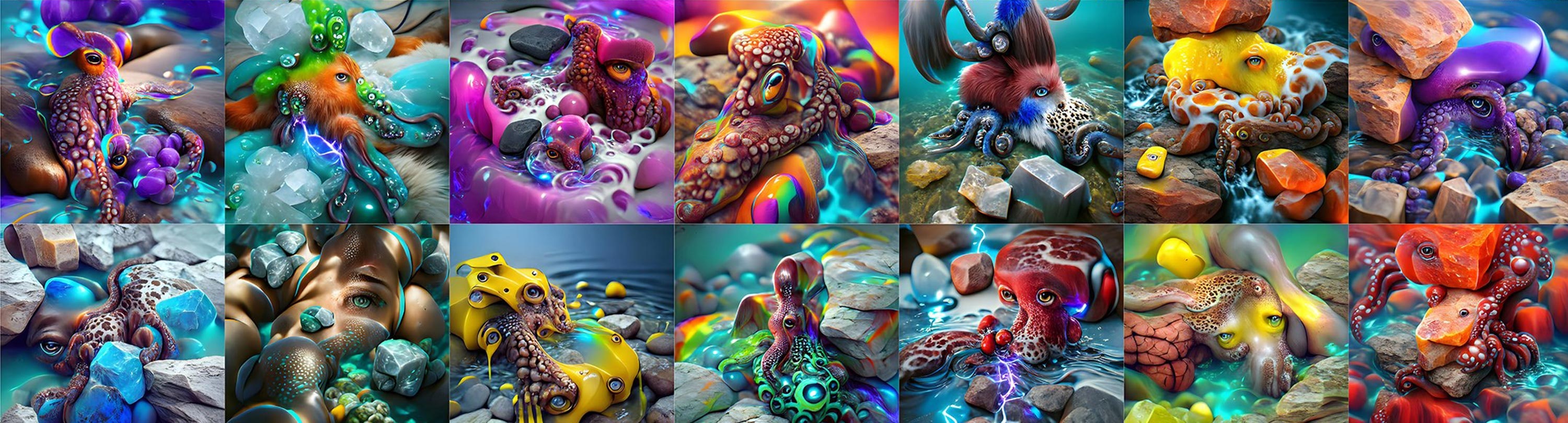 A collage of colourful AI generated images of different octopus