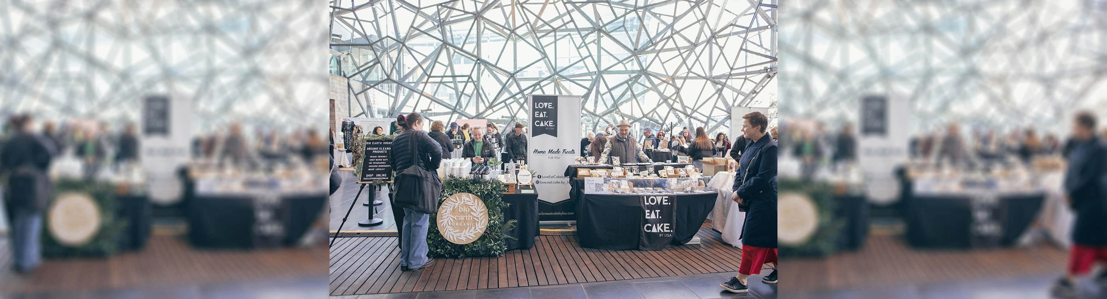 Food stalls for a vegan market in The Edge at Fed Square