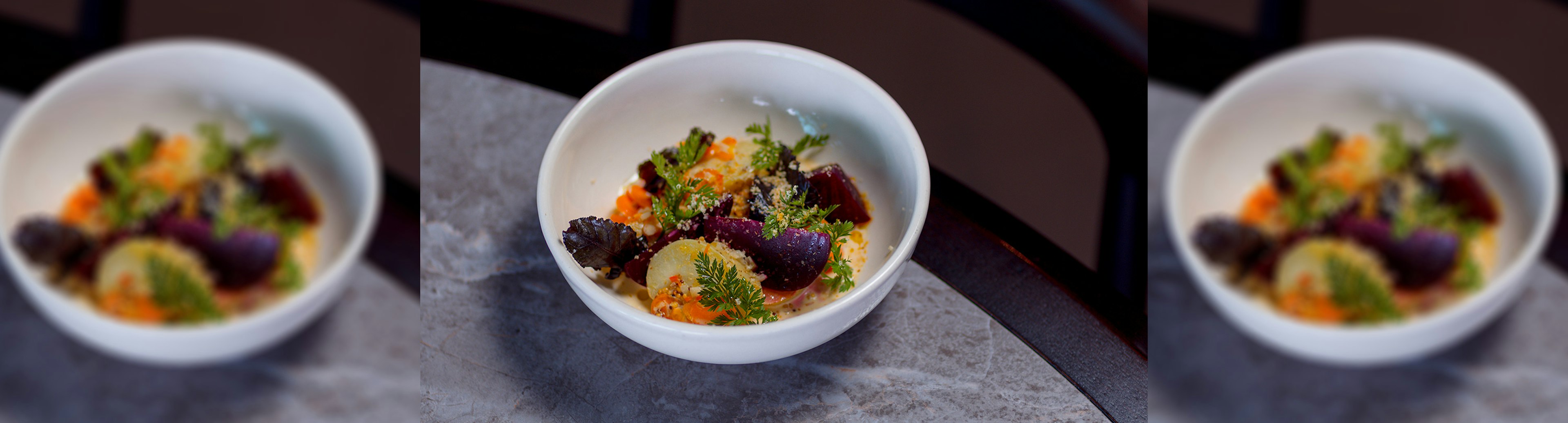 Kipfler potatoes, roasted beetroot, whey and burnt butter sauce dish from Victoria by Farmer's Daughters