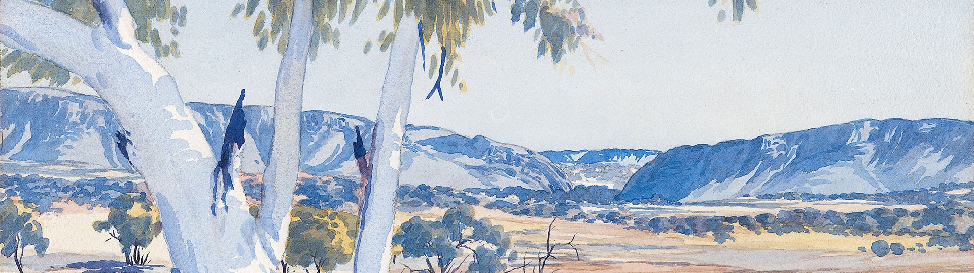 A water colour painting by Albert Namatjira of a gum tree and some ranges in the background