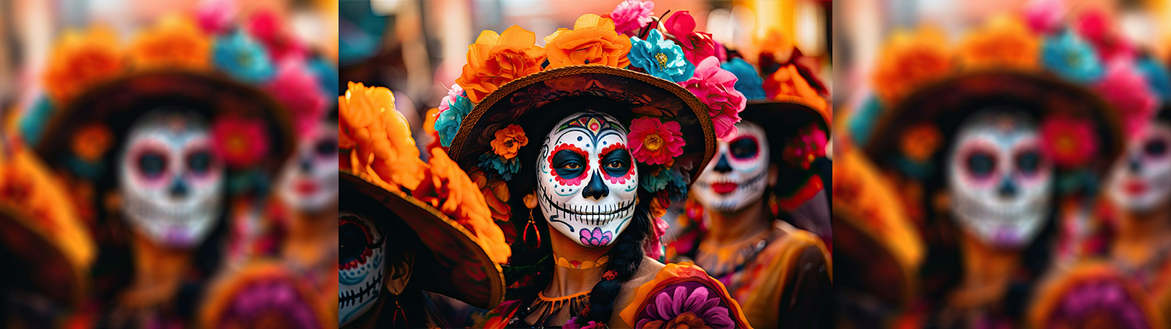 A Mexican woman wearing Day of the Dead make-up and wearing a wide brim hat with colourful flowers all over it