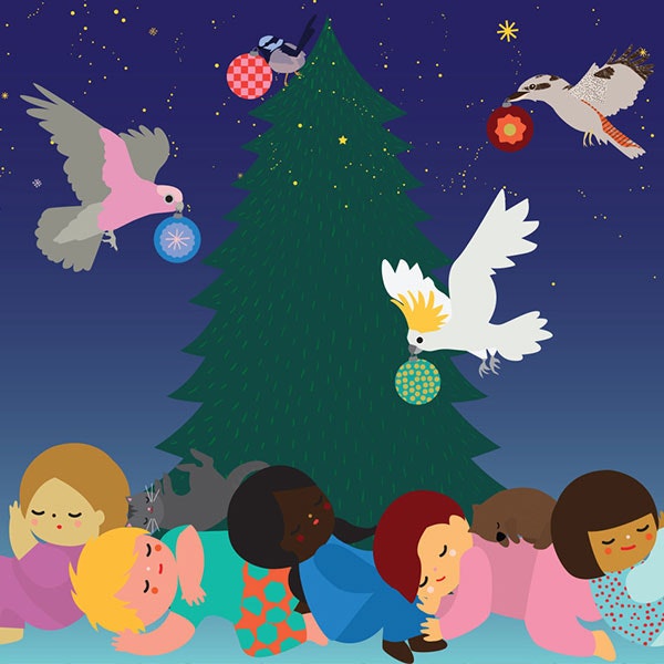 An illustration of children sleeping under a Christmas tree with Australian birds flying around the top of the tree