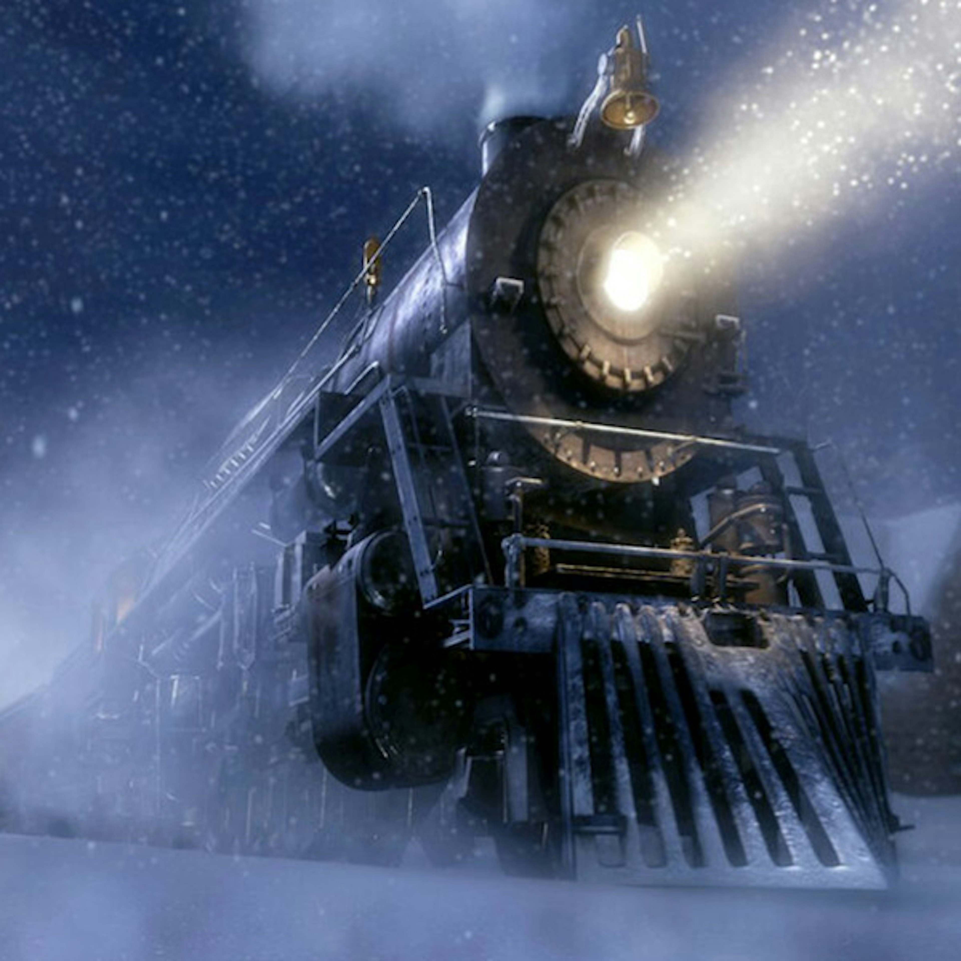 A film still from The Polar Express of the train speeding through snow