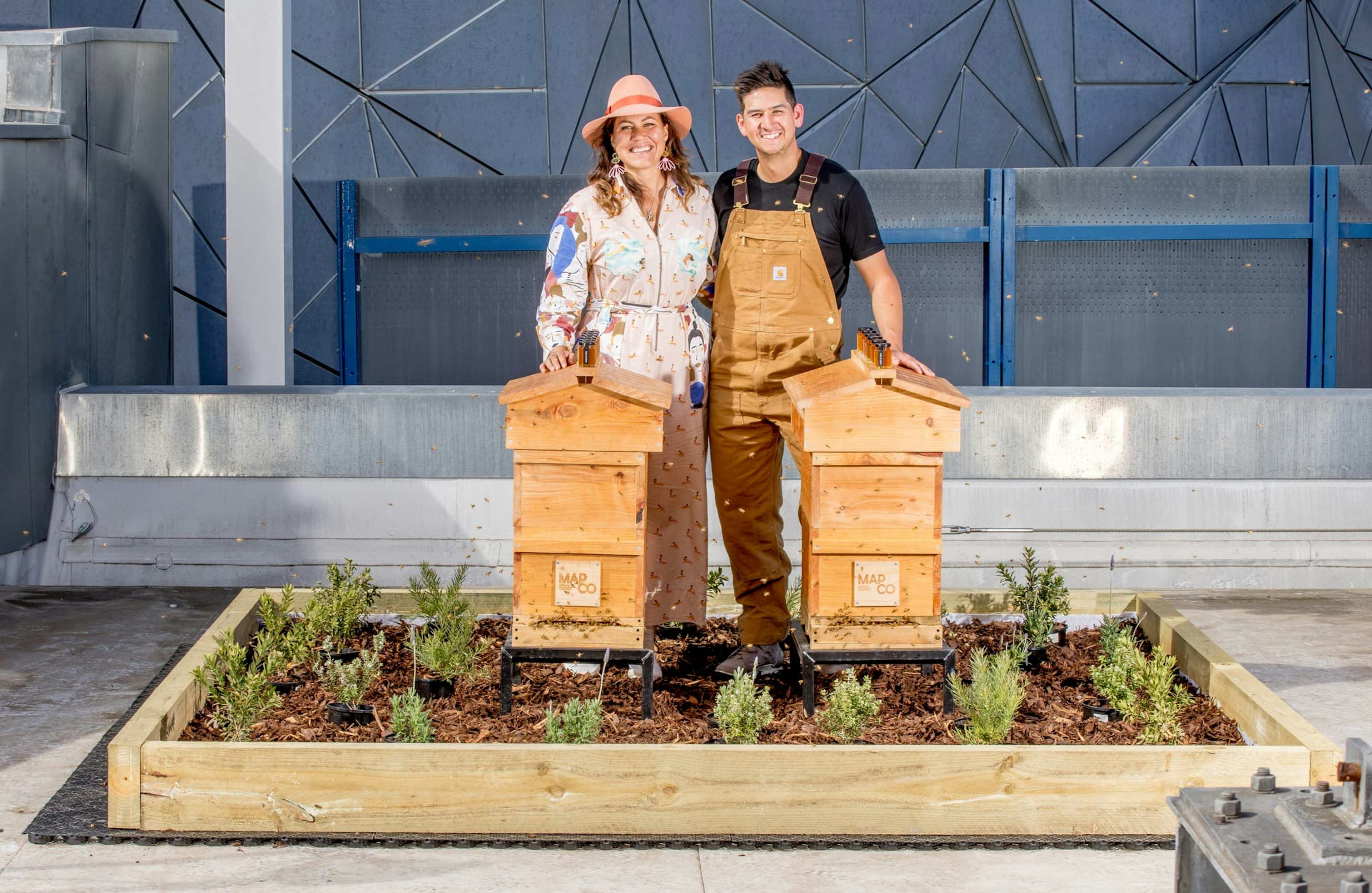 A man and a woman stand behind two beehives, with bees around them. The beehives are in the middle of a garden bed of young plants, and Fed Square's triangular panels are visible behind them.