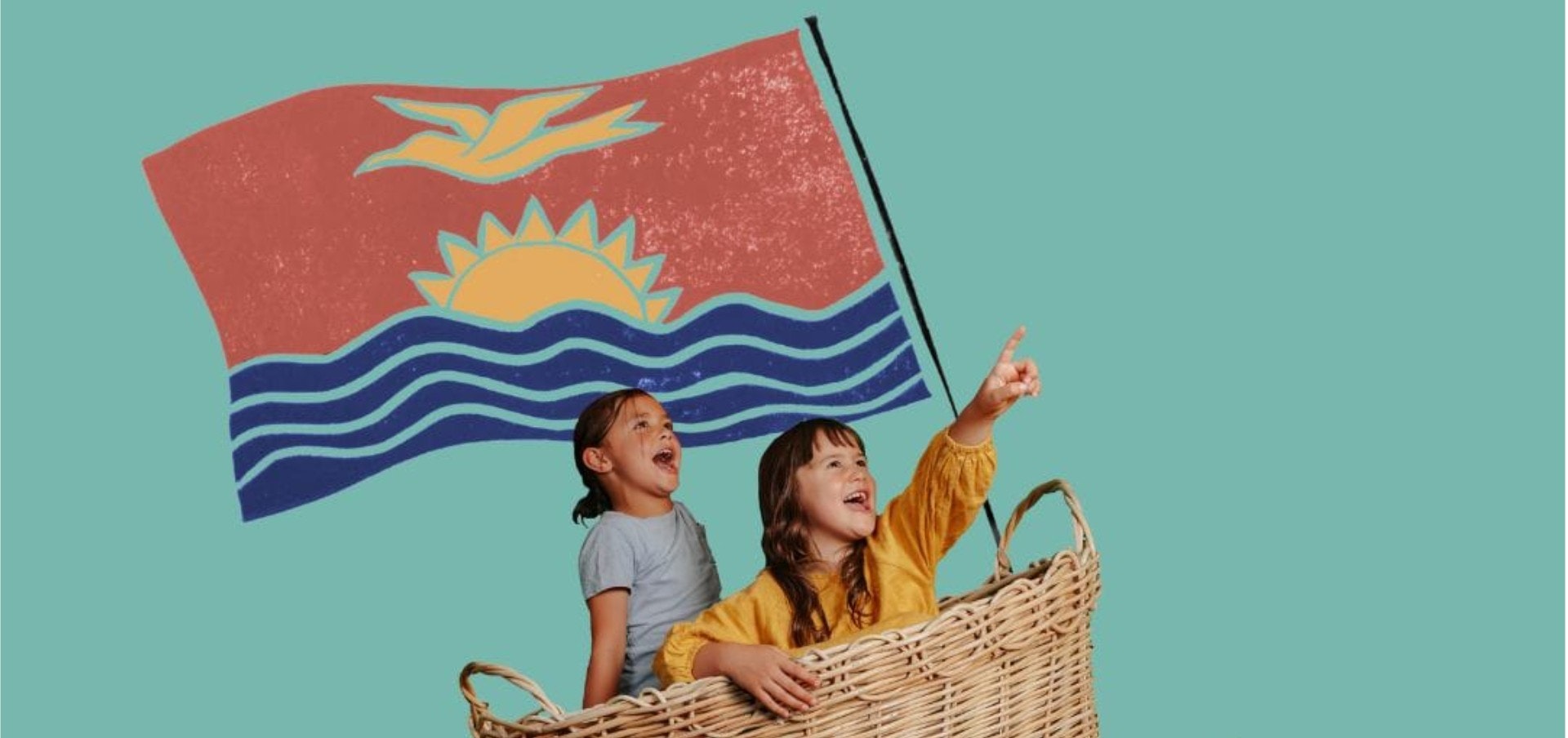 Two kids sit on a cane canoe, one points to the right. A flag with blue water, a sun rising from the waves and a yellow bird flying overhead flies from their canoe.