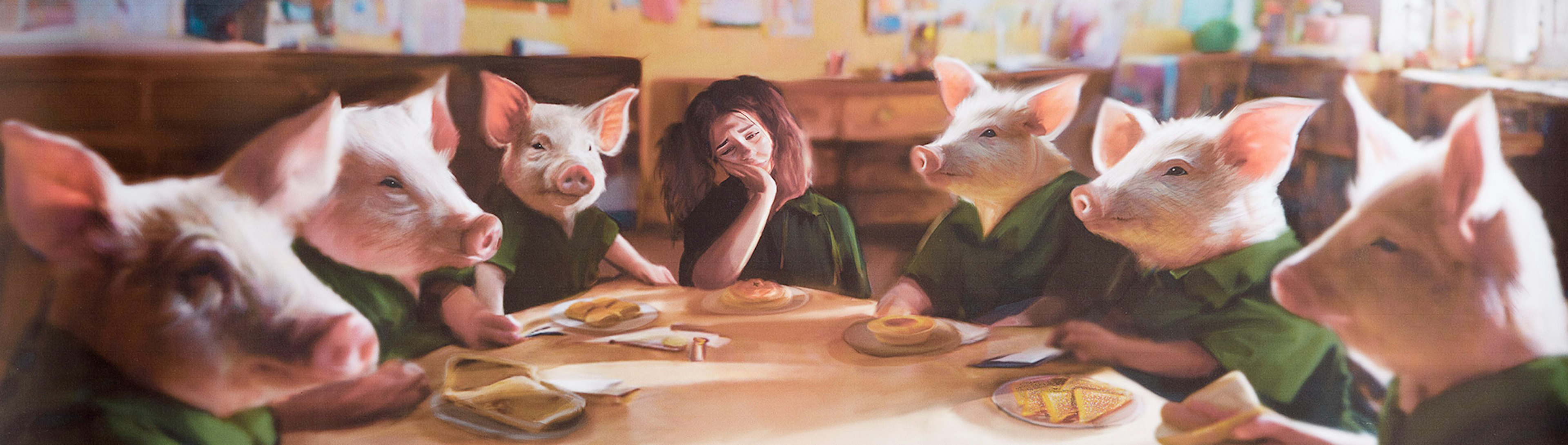 A painting of a young girl that looks sad sitting at a round table with three pink pigs on either side of her sitting at the table like humans wearing green t shirts